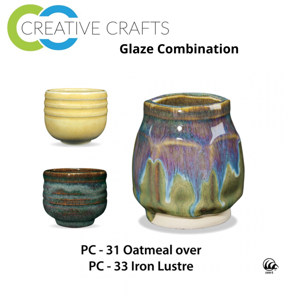 Oatmeal PC-31 over Iron Lustre PC-33 Pottery Cone 5 Glaze Combination